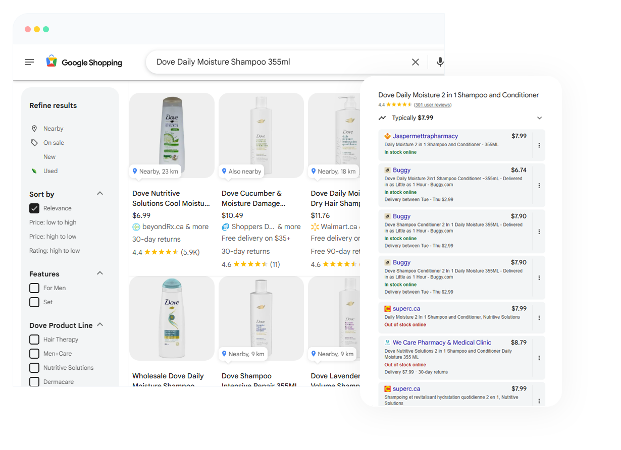 Google Shopping price comparison showing multiple sellers for the same branded product